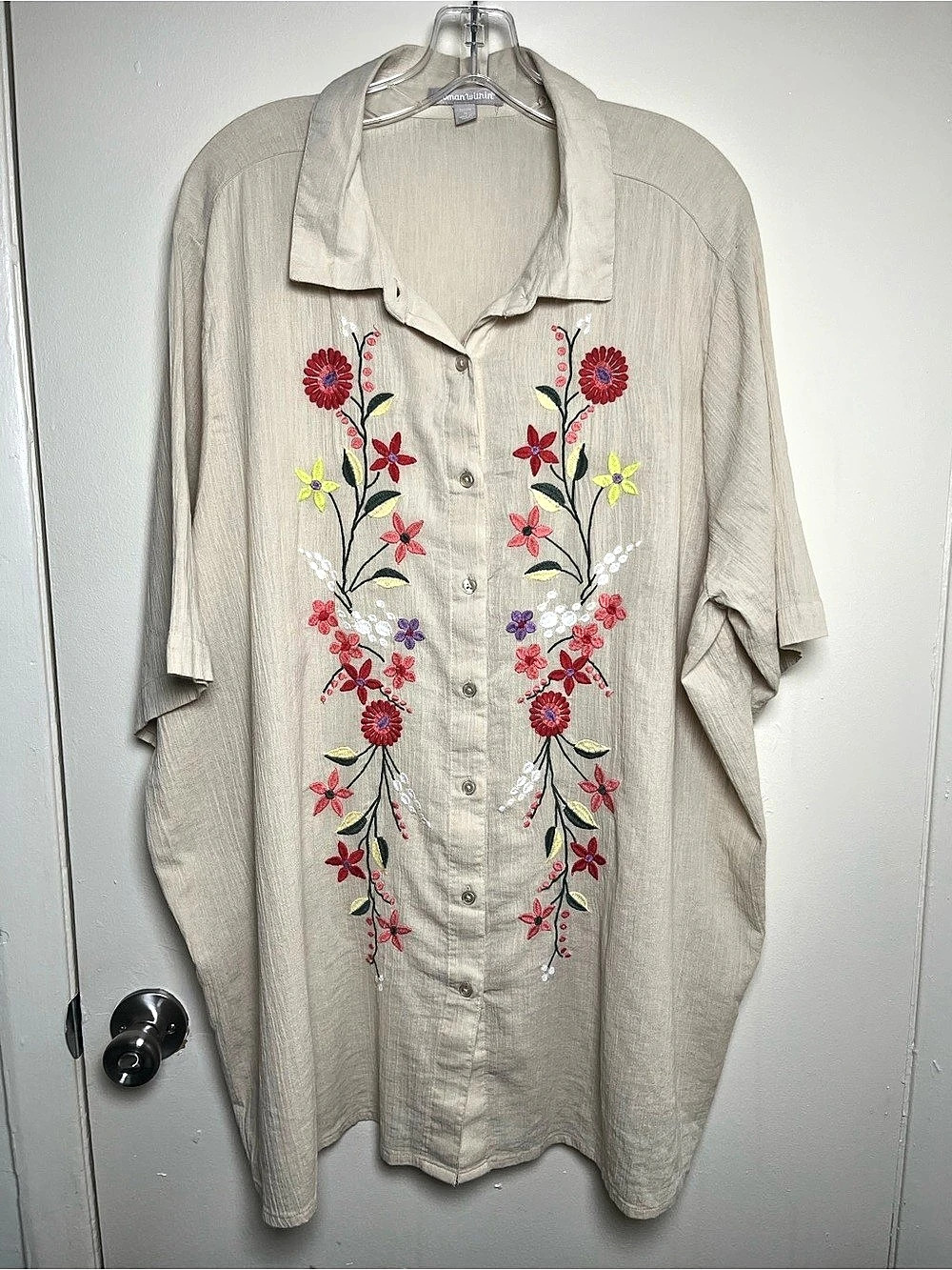 Woman Within NWOT Embroidered Floral Button Down Cotton Tunic 22/24 1X